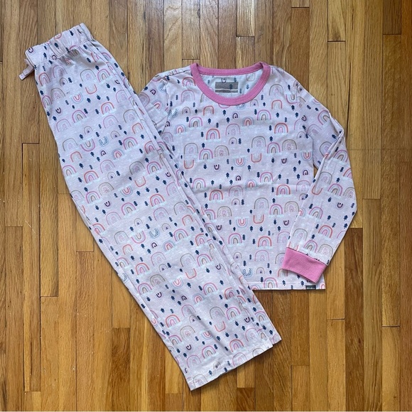 4/$25 Eddie Bauer Pajama Set Girls Medium 10/12 Pink Rainbow Long Sleeve Pants - Picture 2 of 15